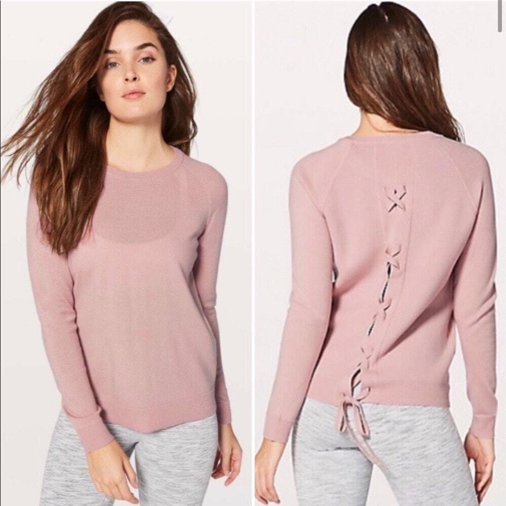 Lululemon (8) Tied To You Sweater Misty Pink 100% Merino Wool Lace Up Back